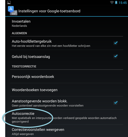 Android: Instellingen, Autocorrectie