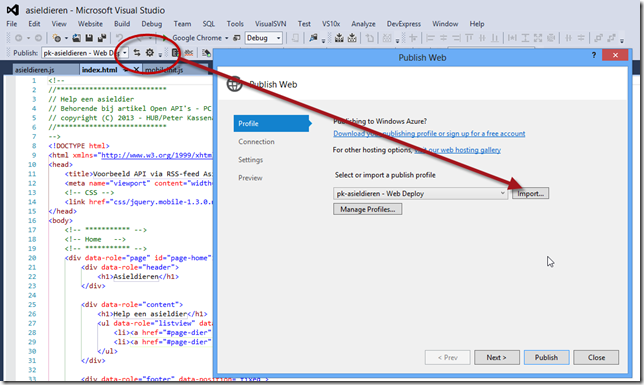 Het publicatieprofiel importeren in Visual Studio
