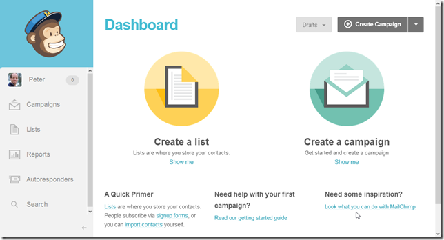 Het MailChimp Dashboard voor het maken van nieuwe lijsten en campagnes