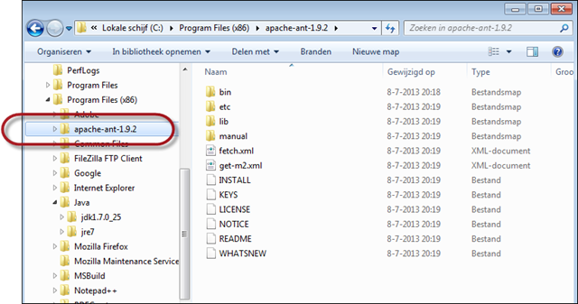 Apache Ant als submap van C:\Program Files