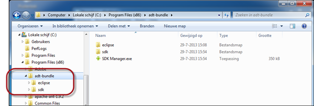 De Android Developer Tools (ADT) in de map Program Files geplaatst 