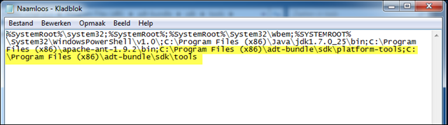 Het pad uitgebreid met variabelen voor de ADT-tools en -platform tools.