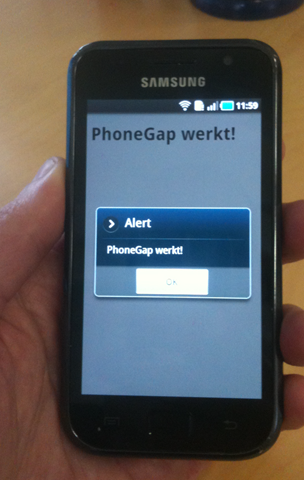 Figuur 7 - Eenvoudige PhoneGap app op telefoon