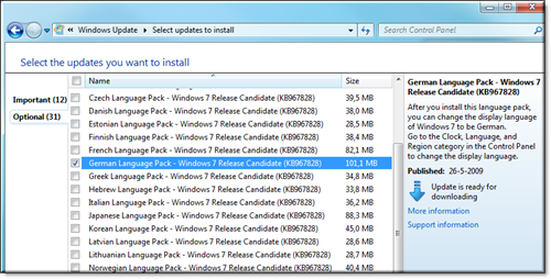 Andere taalpaketten installeren via Windows Update